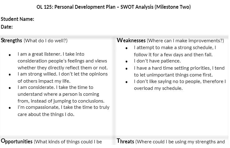 OL 125 OL125 OL/125 SWOT - Personal Development Plan SWOT Analysis (Milestone Two)