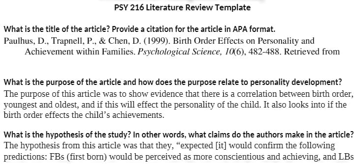 PSY 216 PSY216 PSY/216 review 1.docx - Literature Review Template