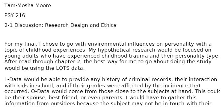 PSY 216 PSY216 PSY/216 2-1 Discussion Research Design and Ethics.docx - Tam-Mesha