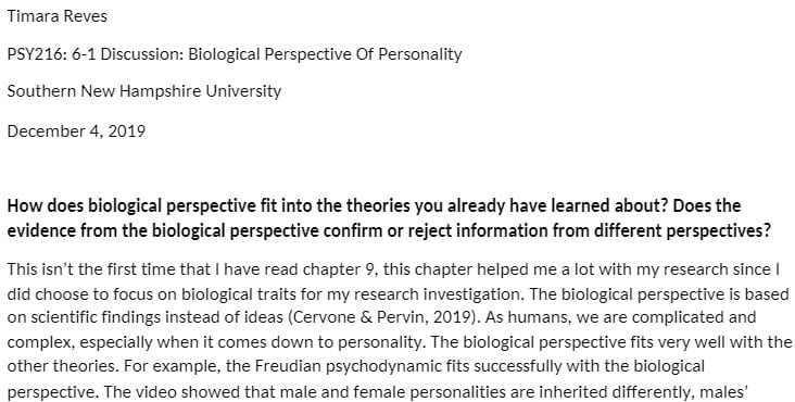 PSY 216 PSY216 PSY/216 week 6 discussion.docx - 6-1 Biological Perspective Of Personality