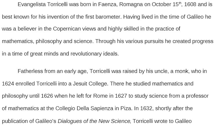 COR 210 COR210 COR/210 Scientific Revolutions Evangelista Torricelli Midterm Project Essay
