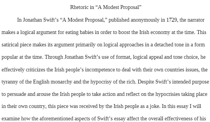 COR 115 COR115 COR/115 Rhetorical Analysis of Modest Proposal Essay