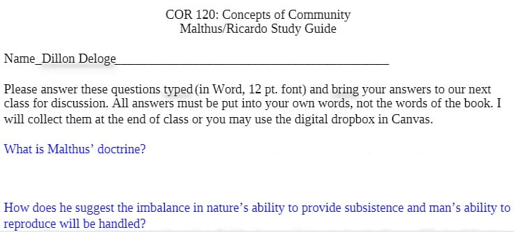 COR 120 COR120 COR/120 2014 assessment [solved]-Malthus/Ricardo Study Guide