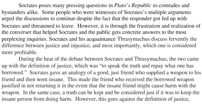 COR 120 COR120 COR/120 Plato's Republic Book 1 Discussion