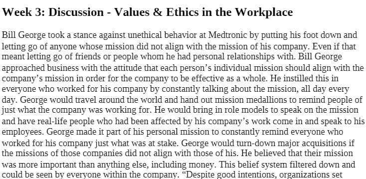 MBA 512-85 MBA512-85 MBA/512-85 Week 3 Discussion - D.Justice.docx - Values & Ethics in the Workplace