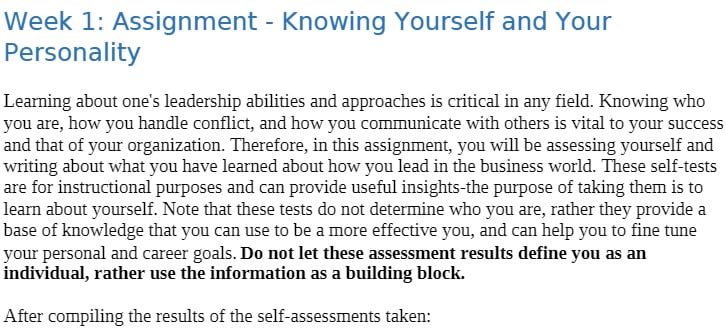 MBA 512-85 MBA512-85 MBA/512-85 Week 1 Assignment - Knowing Yourself and Your Personality.docx