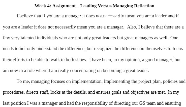 MBA 512 MBA512 MBA/512 Week 4 Assignment_Leading Versus Managing Reflection
