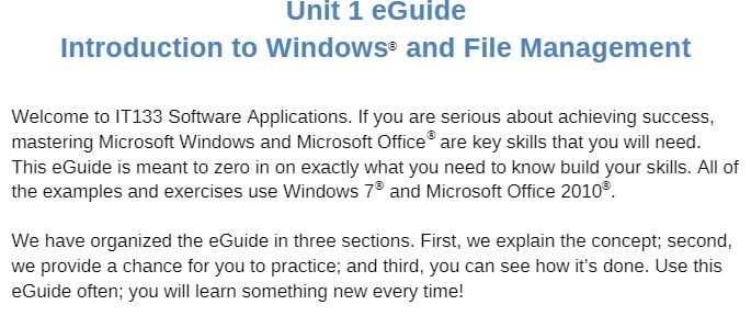 IT 133 IT133 IT/133 Unit 1 eGuide - Introduction to Windows®and File Management