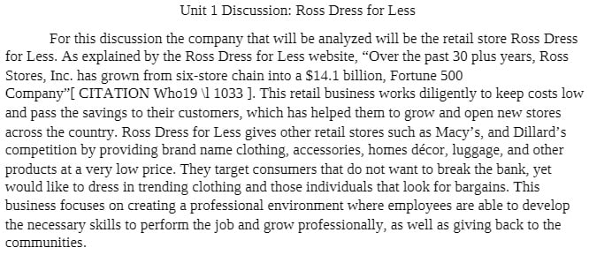 MT 460 MT460 MT/460 Unit 1 Discussion - Ross Dress for Less