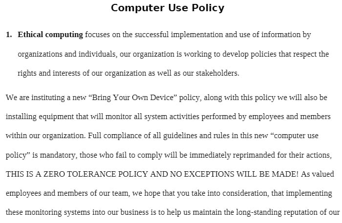 IT 190 IT190 IT/190 Assignment-Unit10 - Computer Use Policy