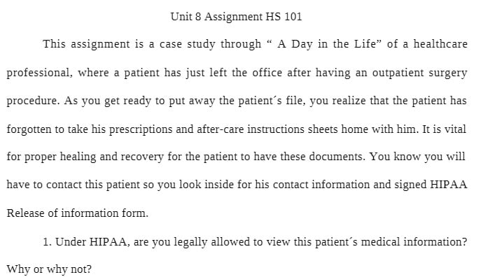 HS 101 HS101 HS/101 Unit 8 Assignment - A Day in the Life of a healthcare professional