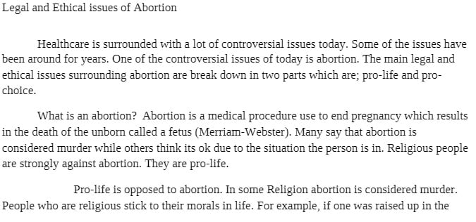 HS 101 HS101 HS/101 Legal and Ethical issues on Abortion