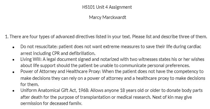 HS 101 HS101 HS/101 Unit 4 Assignment Marcy Marckwardt