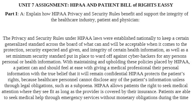 HS 210 HS210 HS/210 UNIT 7 ASSIGNMENT - HIPAA AND PATIENT BILL of RIGHTS EASSY