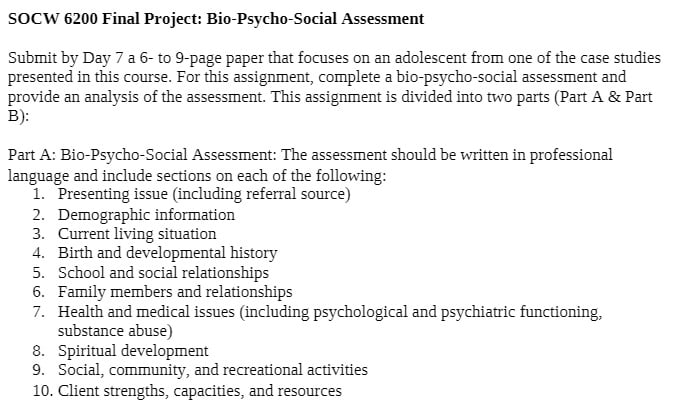 SOCW 6200 SOCW6200 SOCW/6200 Final Project_Bio-Psycho-Social Assessment