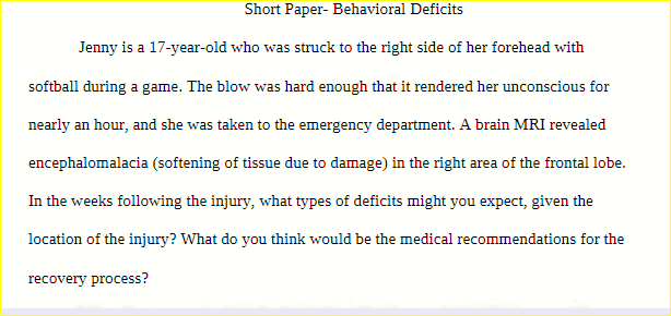 PSY/634 PSY 634 PSY634 Short Paper- Behavioral Deficits.docx- Snhu