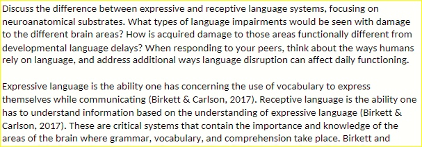 PSY 634 PSY634 8-1 Discussion- Expressive vs. Receptive Language Systems.docx- Snhu