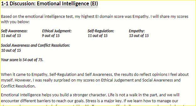 PSY108 1-1 Discussion, Emotional Intelligence (EI).docx- Snhu